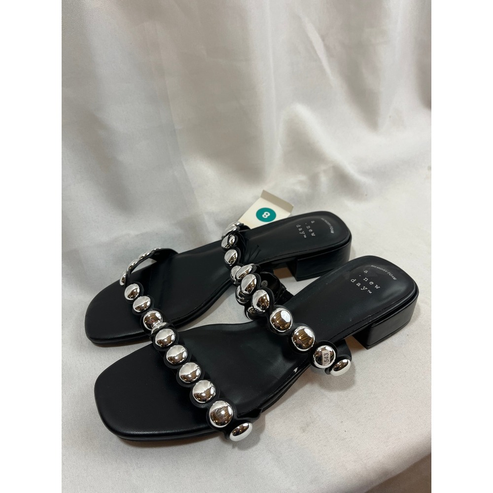 A New Day Women Black Silver Studded Double Strap Slide Sandals Block Heel 8